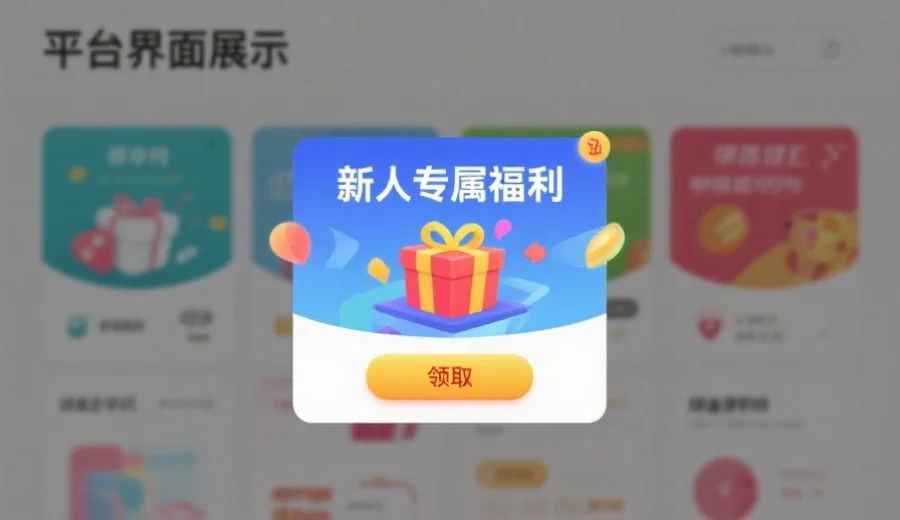 平台界面展示“新人专属福利”弹窗,色彩明快,包含领取按钮和礼品图标
